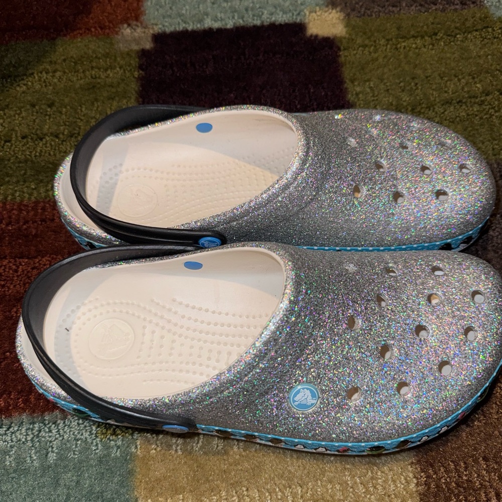 CROCS Sparkling Silver Mules with Black Strap